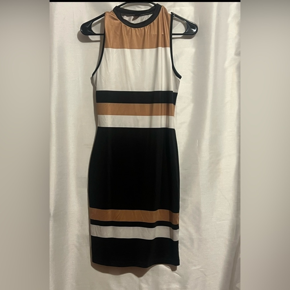 SHEIN Striped Midi Dress in Black, White, and Tan